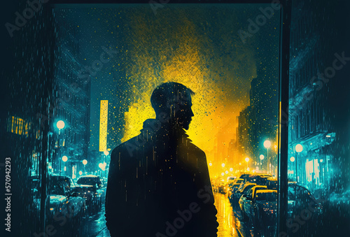 Dark silhouettes of people, rain, reflections in the wet glass. Night city street illuminated by neon light. 3D rendering. AI generated.