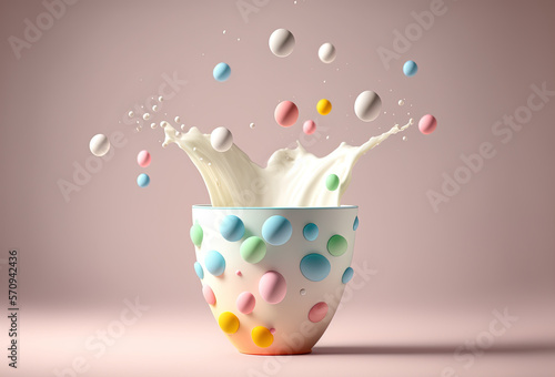 Drops of milk over a cup. Splash of milkshake, thick liquid, cream, colorful balls. Abstract pastel background. 3D rendering. AI generated.