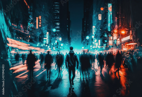 Dark silhouettes of people  rain  reflections in the wet asphalt. Night city street illuminated by neon light. 3D rendering. AI generated.