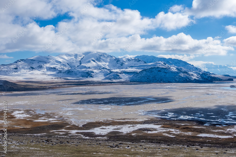 Winter landscape of Antelope Island - the park at Great Salt Lake