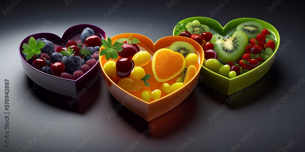 Schüssel in Herz Form mit gesunden Obst und Gemüse, bunt gemischt, AI generativ - obrazy, fototapety, plakaty 