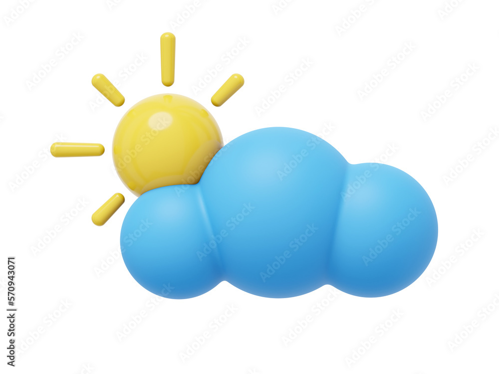 Blue cartoon cloud with sun. 3D rendering. Icon on white background. Blue cartoon cloud with sun. 3D rendering. Icon on white background.