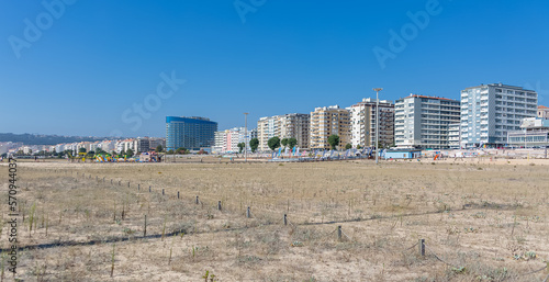 Amazing panoramic view of Figueira da Foz, Claridade beach with pedestrian walkways and main Brazil avenue, along the seafront with buildings photo