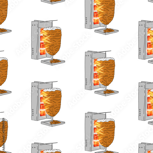 Shawarma Kebab pattern fast food. Seamless pattern. Concept of doner kebab, street food, barbecue, cuisine. Vintage design template, banner. Fresh vegetables. Vector hand drawn sketch illustration.