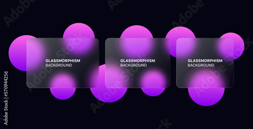 glassmorphism background banner with transparent glass frame template . Realistic Frosted glass morphism effect with blurred abstract gradient purple circle shapes. Vector illustration