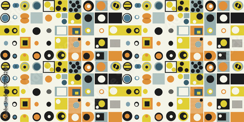 Geometric vector wallpaper with swiss geometric shapes. Retro style. Print and interior design, textiles, paintings, seamless patterns.