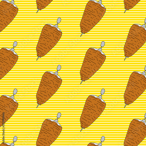 Shawarma Kebab pattern fast food. Seamless pattern. Concept of doner kebab, street food, barbecue, cuisine. Vintage design template, banner. Fresh vegetables. Vector hand drawn sketch illustration.