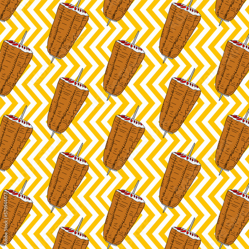 Shawarma Kebab pattern fast food. Seamless pattern. Concept of doner kebab, street food, barbecue, cuisine. Vintage design template, banner. Fresh vegetables. Vector hand drawn sketch illustration.