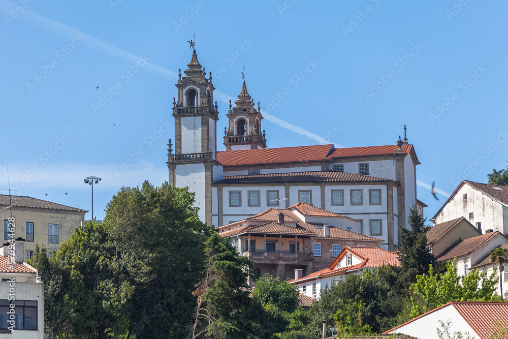 View at the old downtown historic Viseu city with lateral facade of Misericórdia Church of Viseu, a baroque style monument, architectural icon, Portugal