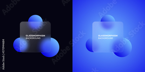 glassmorphism background banner with transparent glass frame template . Realistic Frosted glass morphism effect with blurred abstract gradient blue circle shapes. Vector illustration