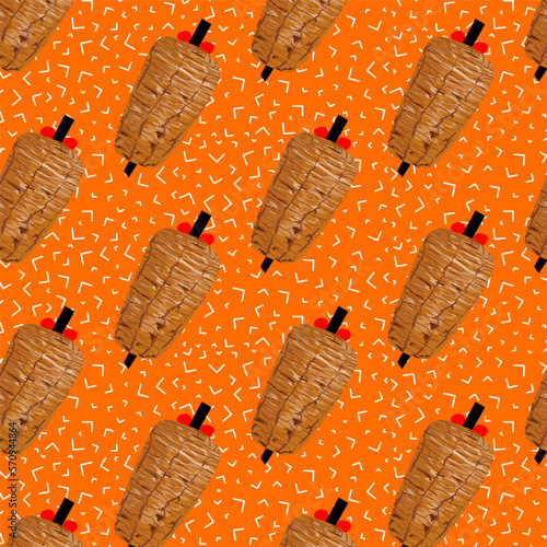 Shawarma Kebab pattern fast food. Seamless pattern. Concept of doner kebab, street food, barbecue, cuisine. Vintage design template, banner. Fresh vegetables. Vector hand drawn sketch illustration.