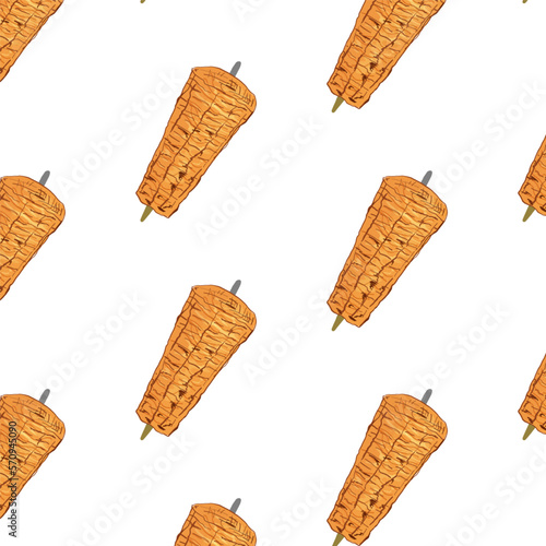 Shawarma Kebab pattern fast food. Seamless pattern. Concept of doner kebab, street food, barbecue, cuisine. Vintage design template, banner. Fresh vegetables. Vector hand drawn sketch illustration.