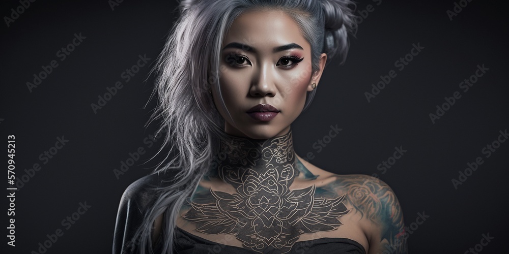 Obraz premium Asiatisches hübsches Top Model mit Tattoo im Portrait, ai generativ