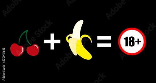 Adult only 18+ plus content. Image of cherry and banana symbol. Black background. Vector illustration