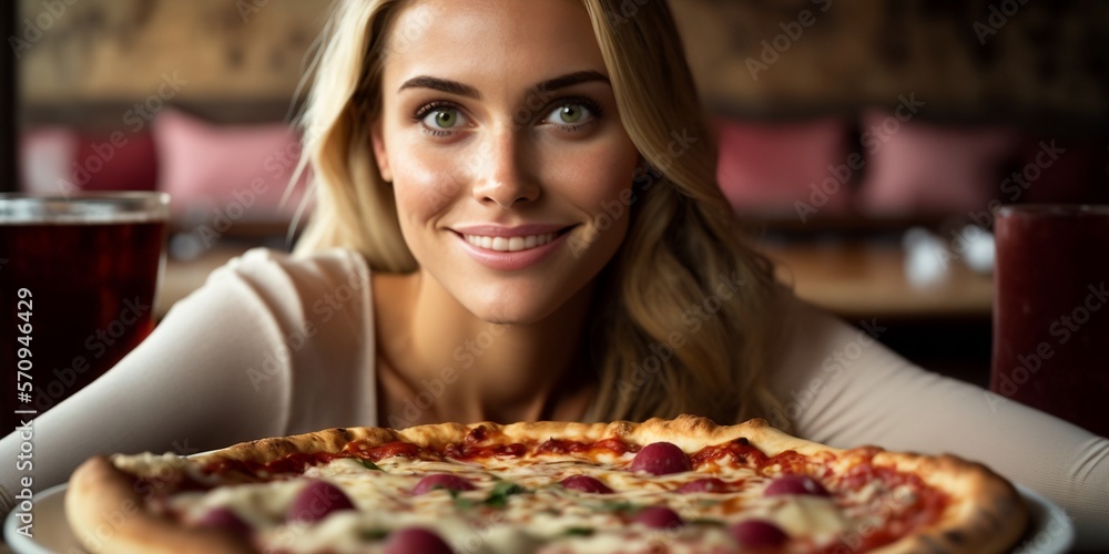 Junge hübsche sympathische Frau beim Italiener mit Pizza, ai generativ