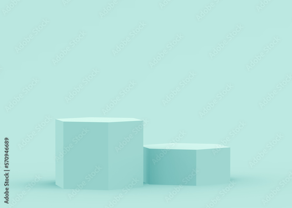 3d blue green hexagon podium minimal studio background. Abstract 3d geometric shape object illustration render. Display for technology medical and science product. 3d blue green hexagon podium minimal studio background. Abstract 3d geometric shape object illustration render. Display for technology medical and science product.