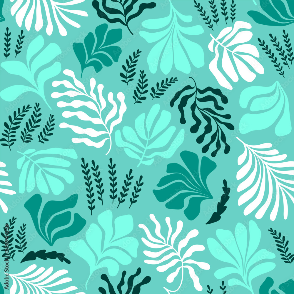 Abstract background with leaves and flowers, Matisse style. Vector seamless pattern with Scandinavian cut out elements. Abstract background with leaves and flowers, Matisse style. Vector seamless pattern with Scandinavian cut out elements.