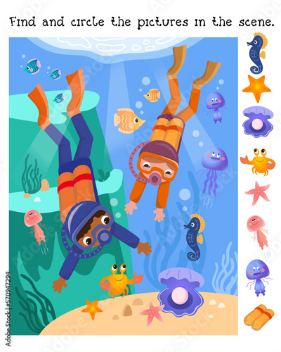 Find and circle objects. Educational puzzle game for children. Cute divers with sea creatures underwater. Cartoon illustration. Vector image, scene. 