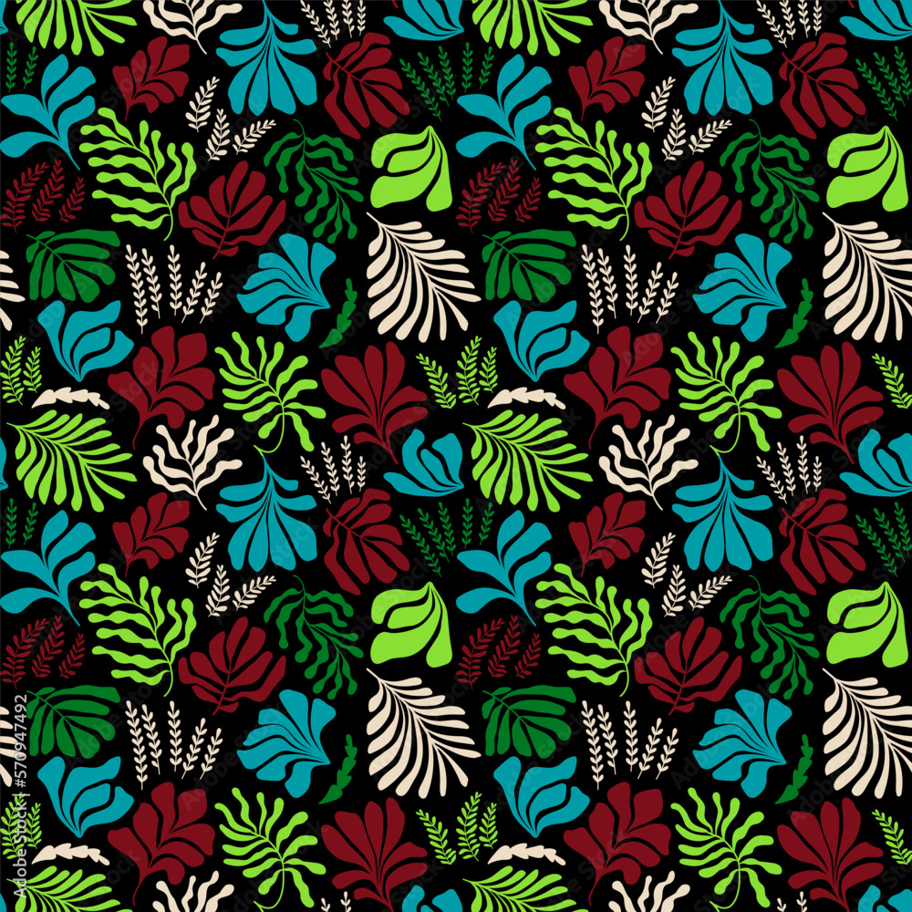 Abstract background with leaves and flowers, Matisse style. Vector seamless pattern with Scandinavian cut out elements. Abstract background with leaves and flowers, Matisse style. Vector seamless pattern with Scandinavian cut out elements.