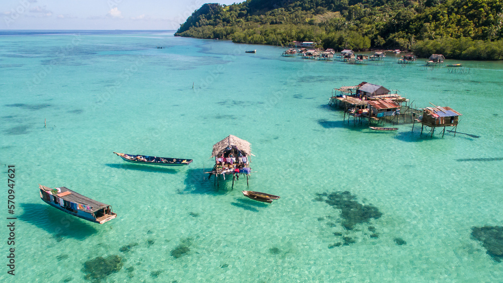 Beautiful aerial view borneo sea gypsy water village in Bohey Dulang Island, Semporna Sabah, Malaysia.
