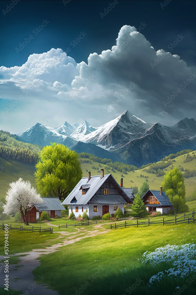 Landscape drawing of a cottage on mountain, by Generative AI