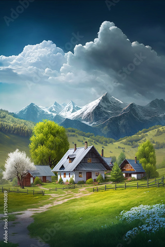Landscape drawing of a cottage on mountain, by Generative AI