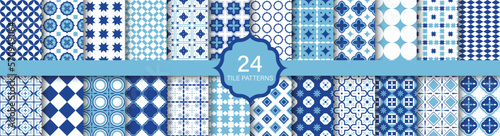 Collection of vector seamless geometric patterns - blue tile textures. Decorative tileable endless ornamental backgrounds. Repeatable symmetric prints.