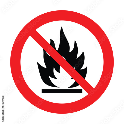 No sign of open fire. No fire, No access with open fire prohibition sign. Red, black and white vector illustration