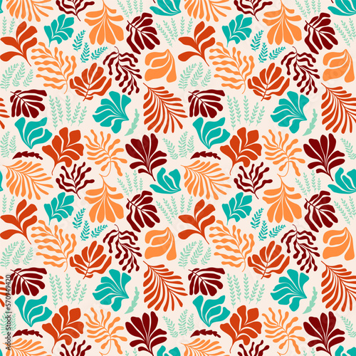 Abstract background with leaves and flowers  Matisse style. Vector seamless pattern with Scandinavian cut out elements.