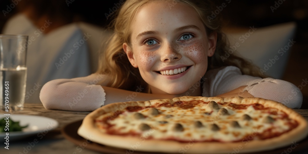 Glücklich lächelndes Kind im italienischem Restaurant beim Pizza essen, ai generativ Glücklich lächelndes Kind im italienischem Restaurant beim Pizza essen, ai generativ