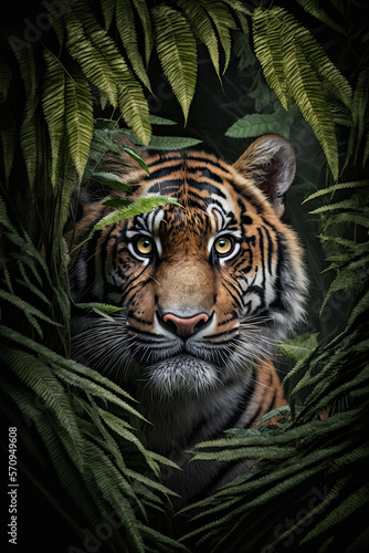a tiger peering through the jungle leaves at its prey - generative ai