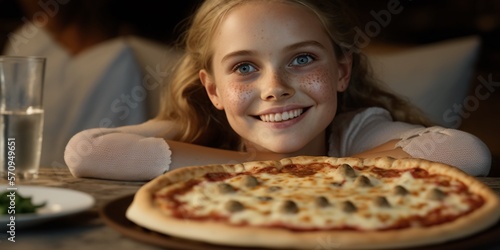 Glücklich lächelndes Kind im italienischem Restaurant beim Pizza essen, ai generativ