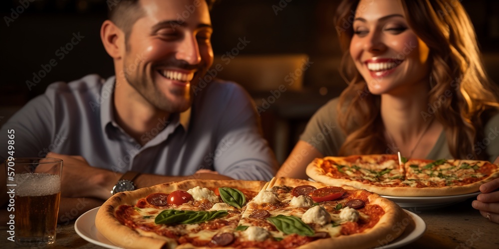 Glücklich lächelndes Paar im italienischem Restaurant beim  Pizza essen, ai generativ