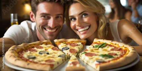 Glücklich lächelndes Paar im italienischem Restaurant beim Pizza essen, ai generativ