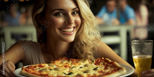 Gl  cklich l  chelnde Frau im italienischem Restaurant beim Pizza essen  ai generativ