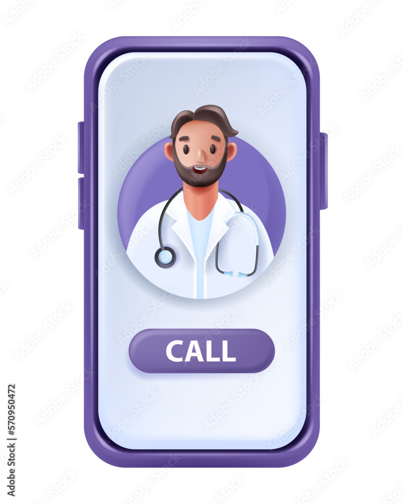 Fototapeta premium 3D online doctor vector telemedicine concept, medical video call, male therapist avatar, smartphone. Virtual internet patient consult, digital remote health care service. Online doctor support clipart