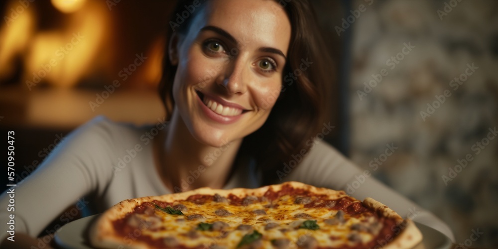 Leckere frische Pizza im Restaurant, lächelnde Frau im Hintergrund, ai generativ