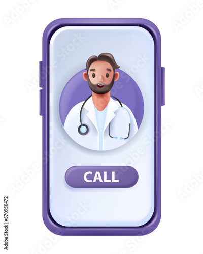 3D online doctor vector telemedicine concept, medical video call, male therapist avatar, smartphone. Virtual internet patient consult, digital remote health care service. Online doctor support clipart