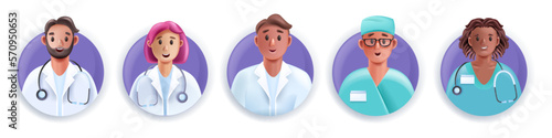 3D doctor medical team, healthcare personnel, female male hospital staff vector character face. Cartoon young nurse professional clinic cardiologist, emergency help therapist. 3D doctor smiling avatar