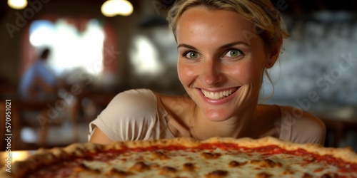 Leckere frische Pizza im Restaurant, lächelnde Frau im Hintergrund, ai generativ