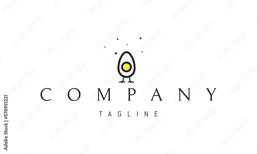 Vector logo on which an abstract image of a chicken egg with chicken legs.