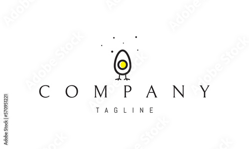 Vector logo on which an abstract image of a chicken egg with chicken legs.