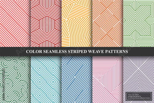 Collection of colorful geometric patterns. Vector striped fabric tileable textures. Endless unusual textile prints. You can find seamless backgrounds is swatches panel.