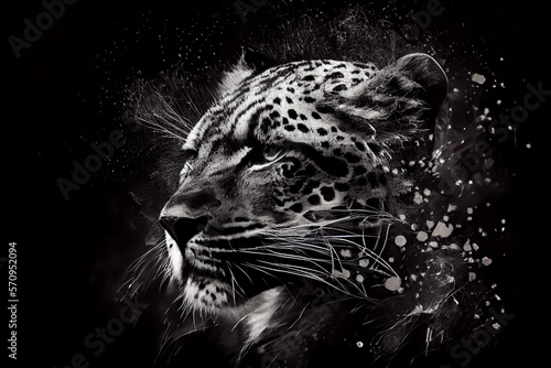 Abstraktes schwarz weißes Leoparden Kunstwerk mit Farbspritzer isoliert auf weißen Hintergrund. Perfektes Wandbild - Generative Ai