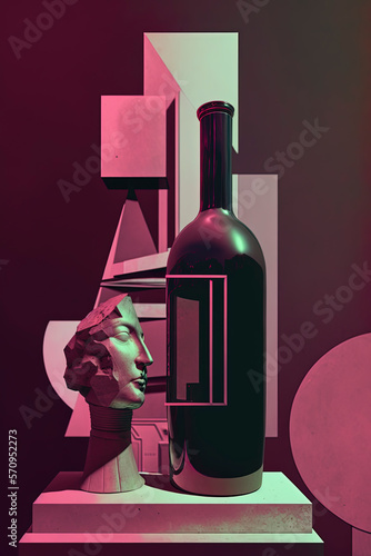 Collage art with a sculpture drinkin wine.. Wine is an artwork. Muped color. photo