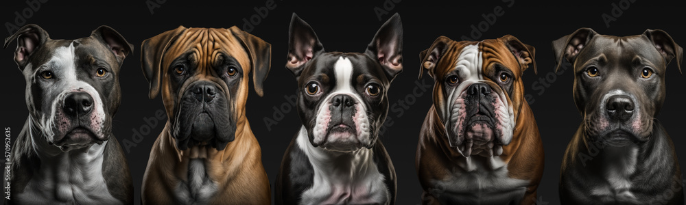 Portrait of five dogs over black background made with Generative AI.