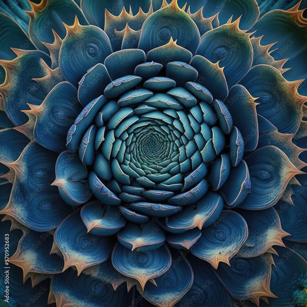 Fototapeta premium Abstrakte Draufsicht auf die Blüte einer blauen Pflanze mit fraktalen Blätter, Generative AI 