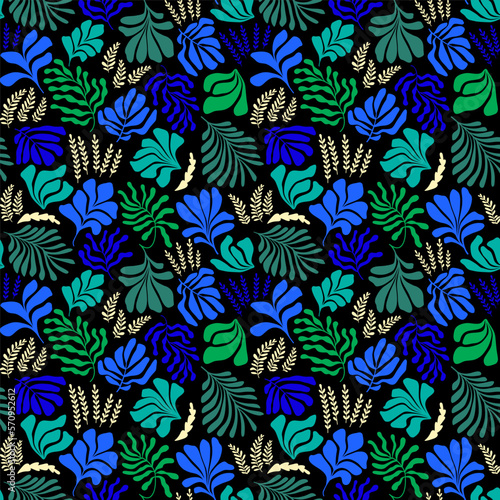 Abstract background with leaves and flowers  Matisse style. Vector seamless pattern with Scandinavian cut out elements.