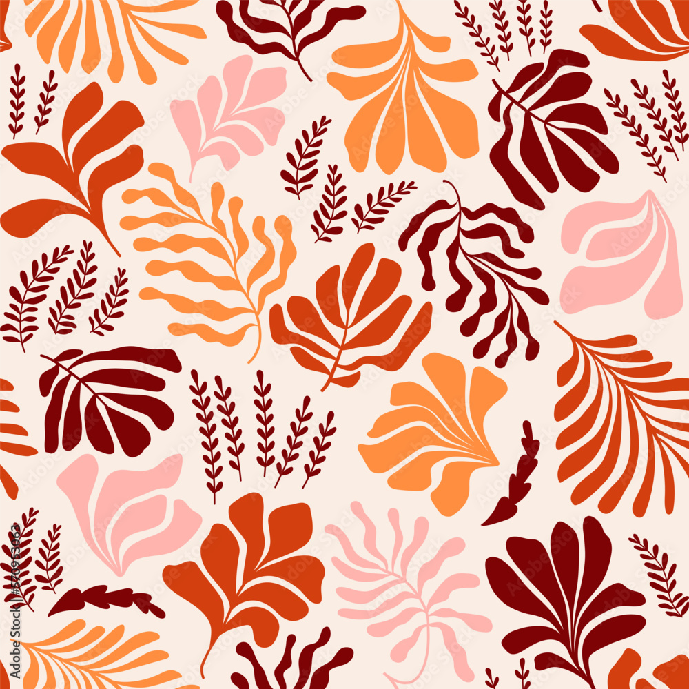 Abstract background with leaves and flowers, Matisse style. Vector seamless pattern with Scandinavian cut out elements. Abstract background with leaves and flowers, Matisse style. Vector seamless pattern with Scandinavian cut out elements.