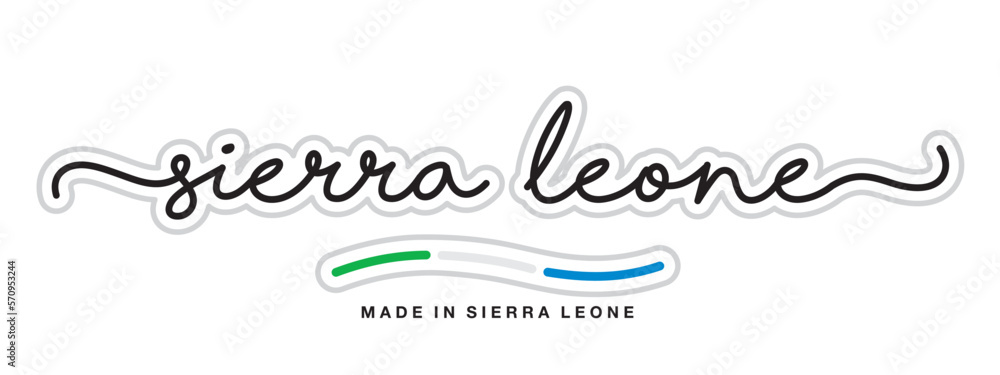 Made in Sierra Leone, new modern handwritten typography calligraphic logo sticker, abstract Sierra Leone flag ribbon banner